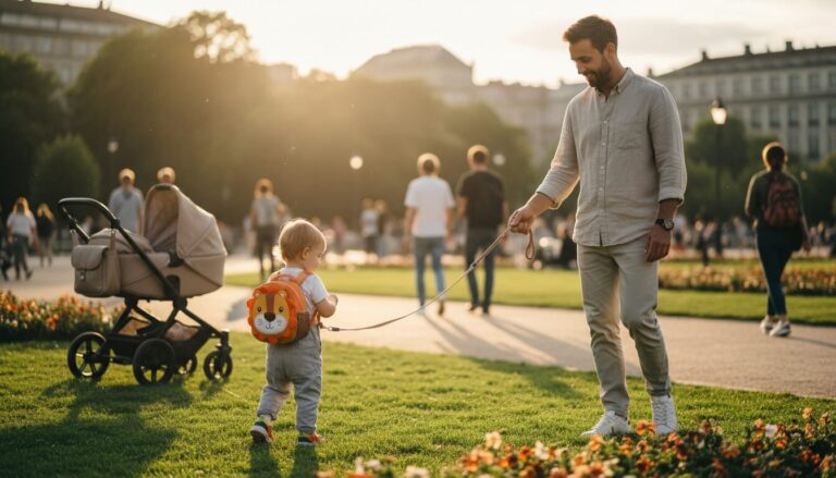 Utilisation positive d'une laisse pour enfant en parc