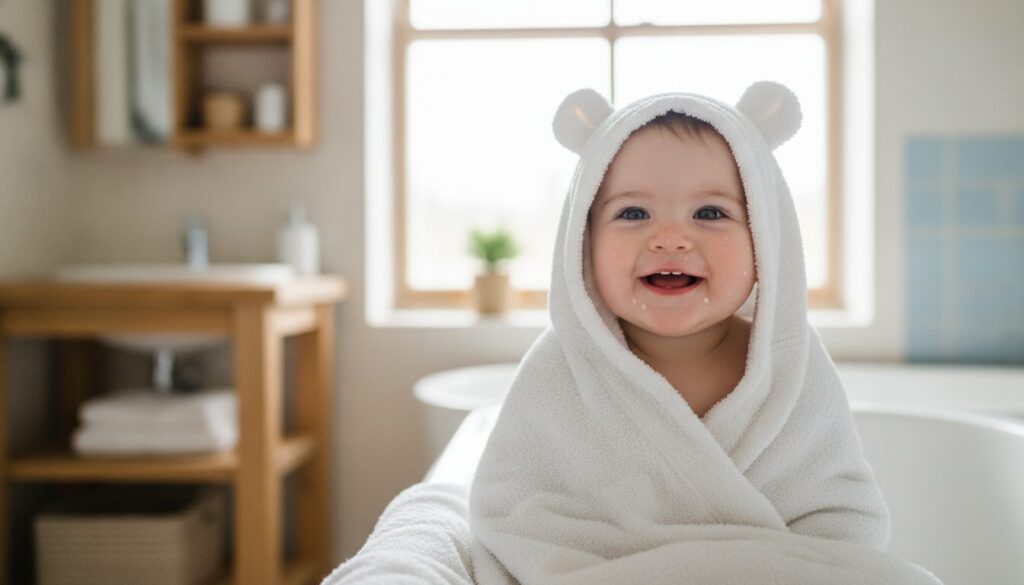 Bébé souriant dans sa douce Cape de bain bébé