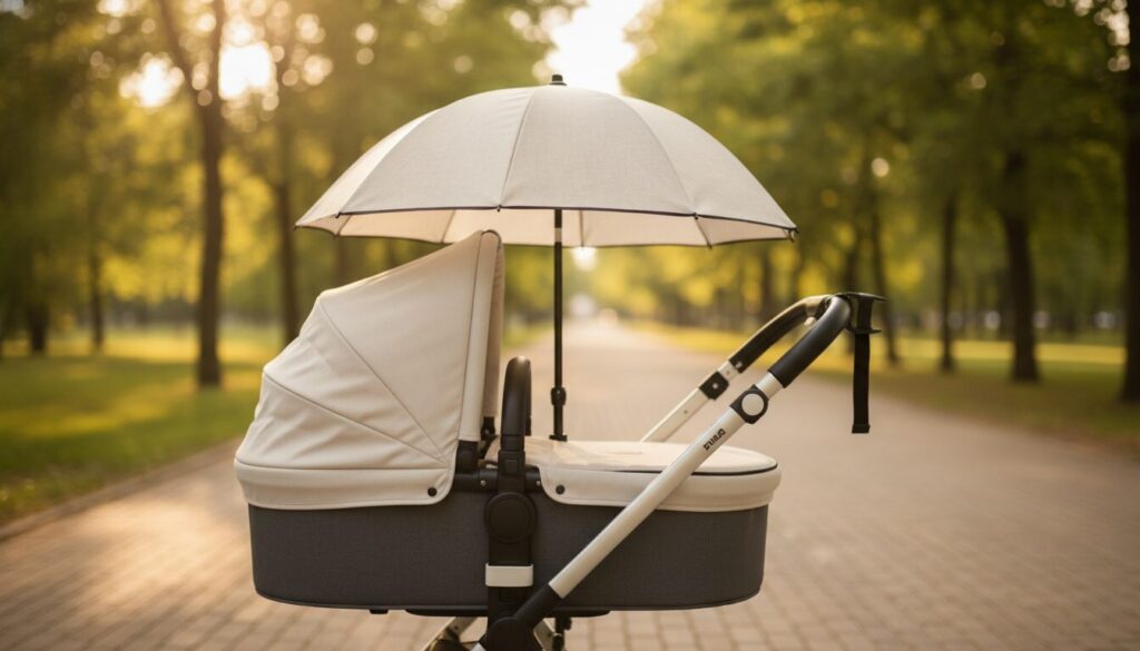 Une ombrelle poussette universelle installée pour l'été