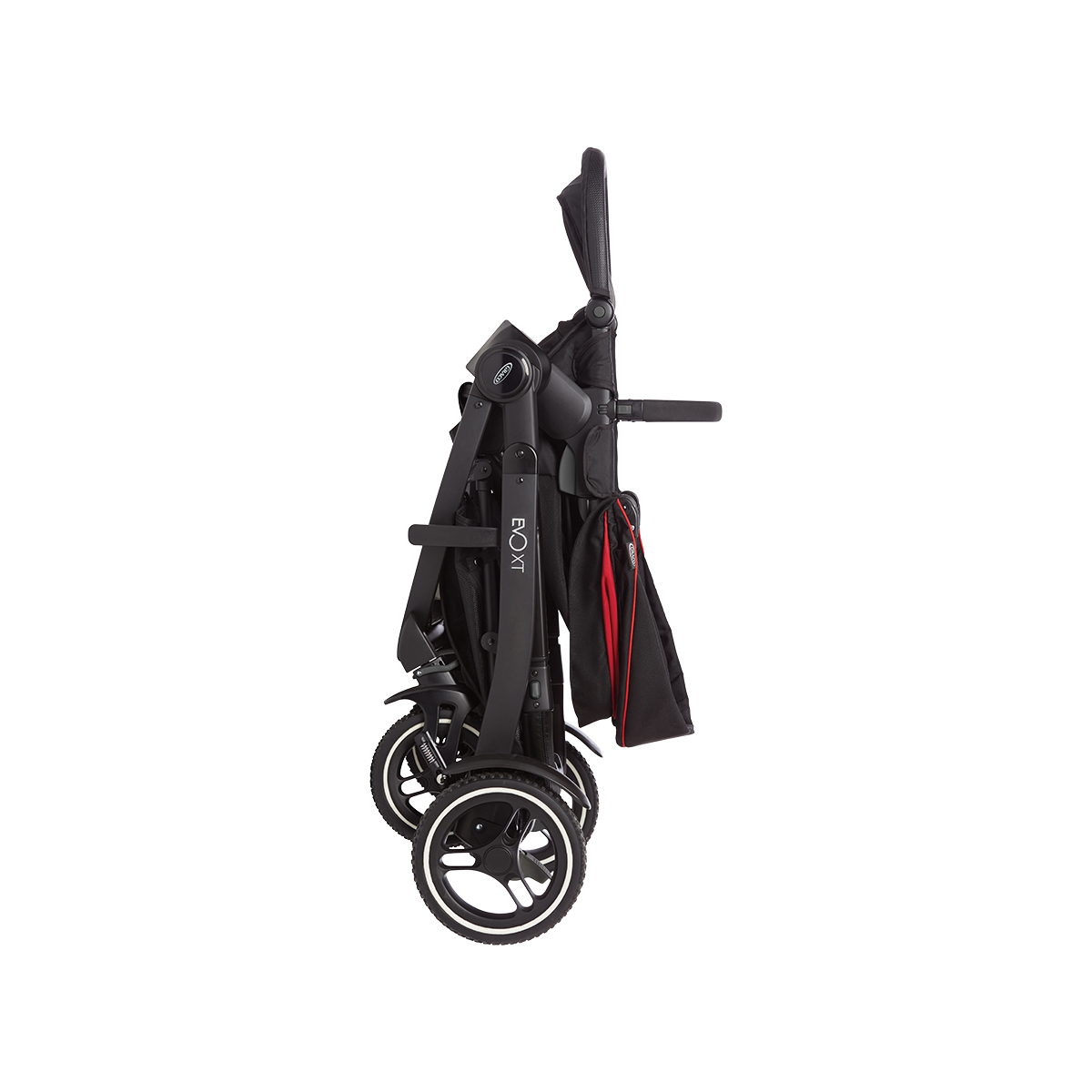 Poussette Graco Evo XT repliée, format de rangement